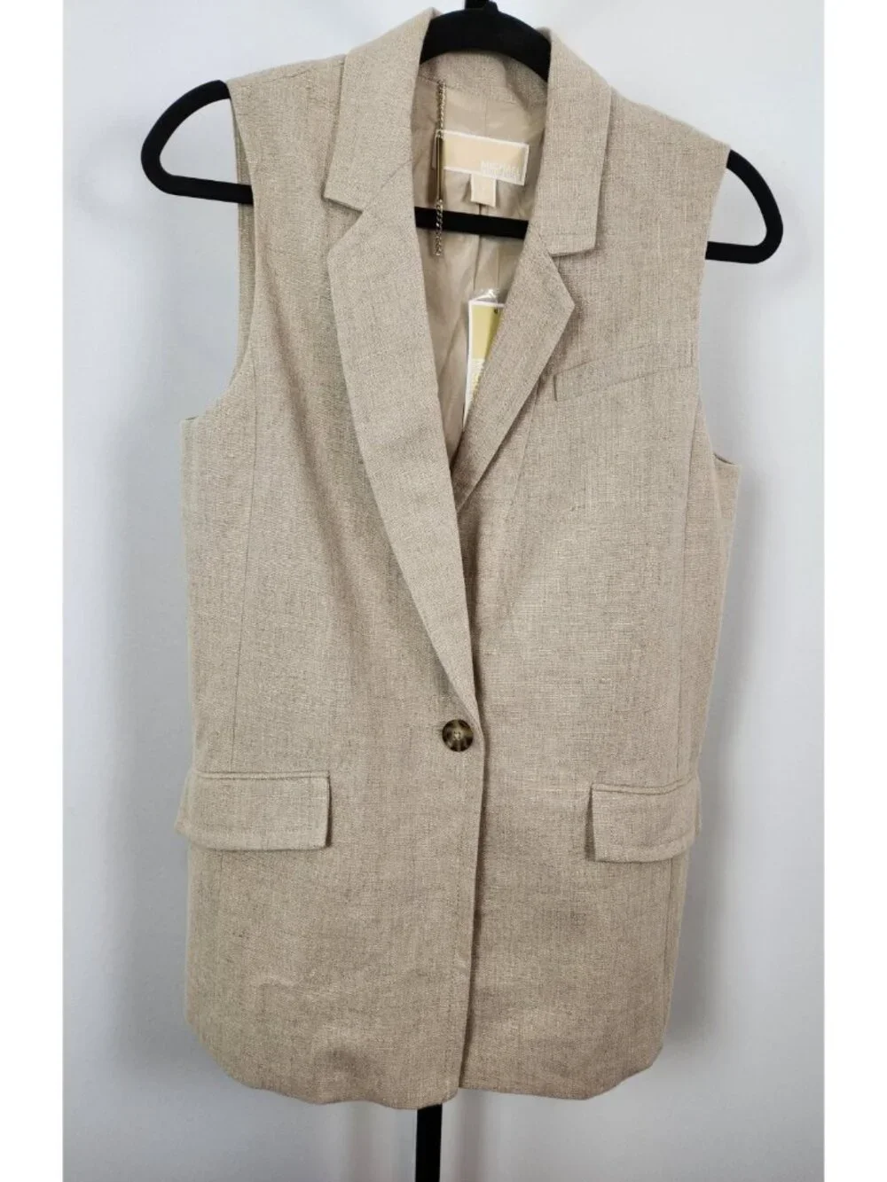 Michael Kors Two Piece Women's Lined Tuxedo Style Vest Linen Pant Set-Tan-SZ 4/S